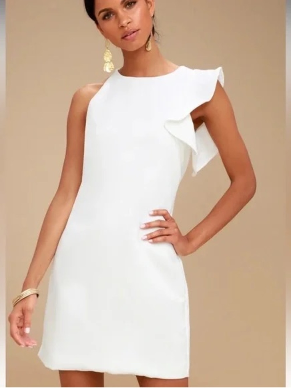 Lulu's White One-Shoulder Ruffle Shift Dress